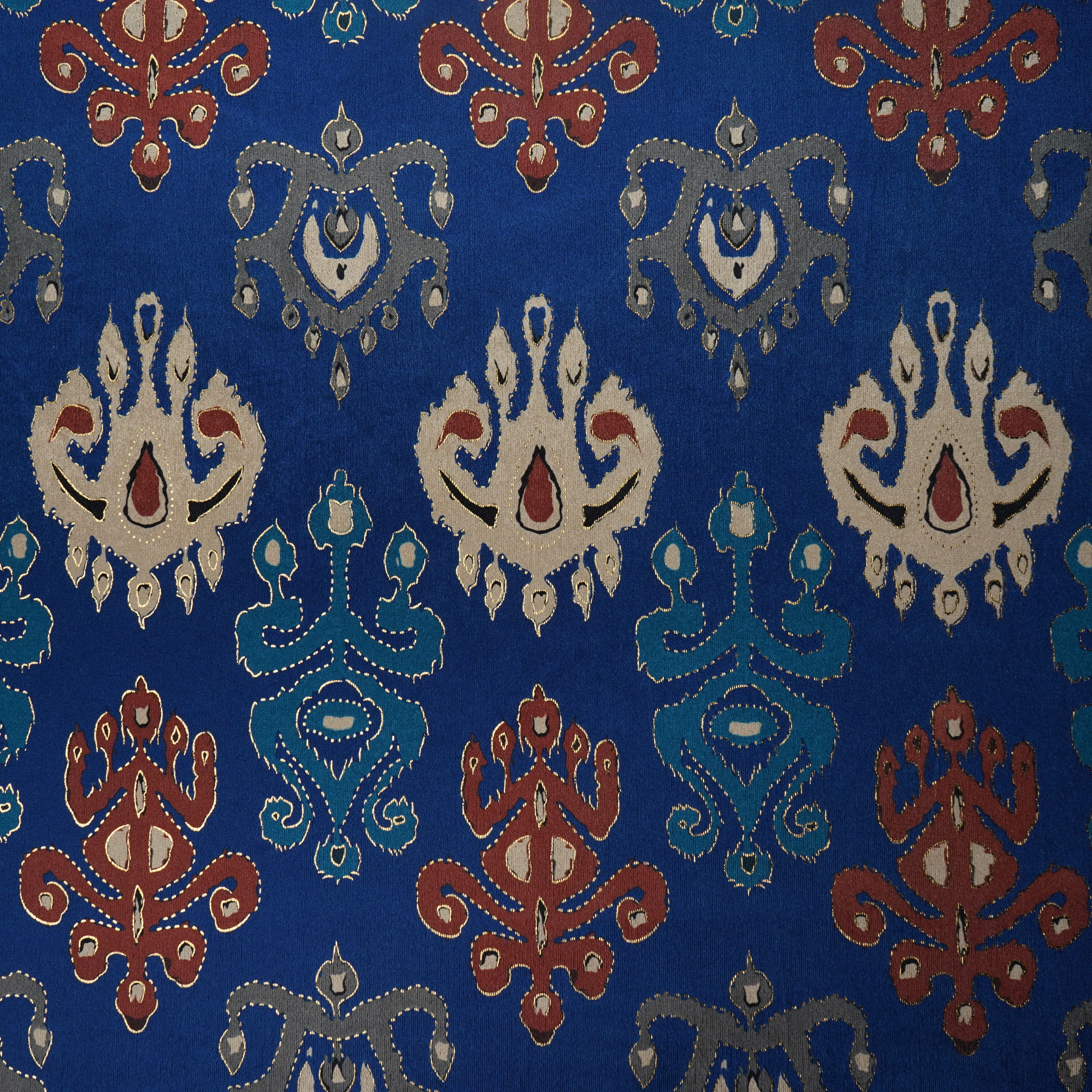 Royal Blue Traditional Print Velvet Silk Fabric 20399