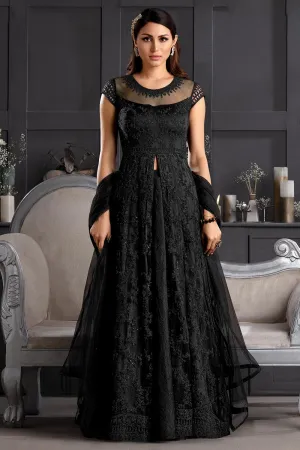 Sable Black Butterfly Net Front Slit Anarkali Suit