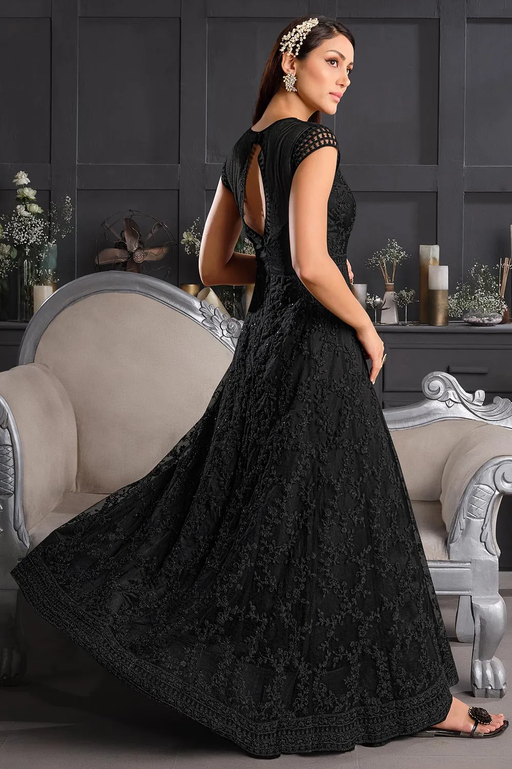 Sable Black Butterfly Net Front Slit Anarkali Suit