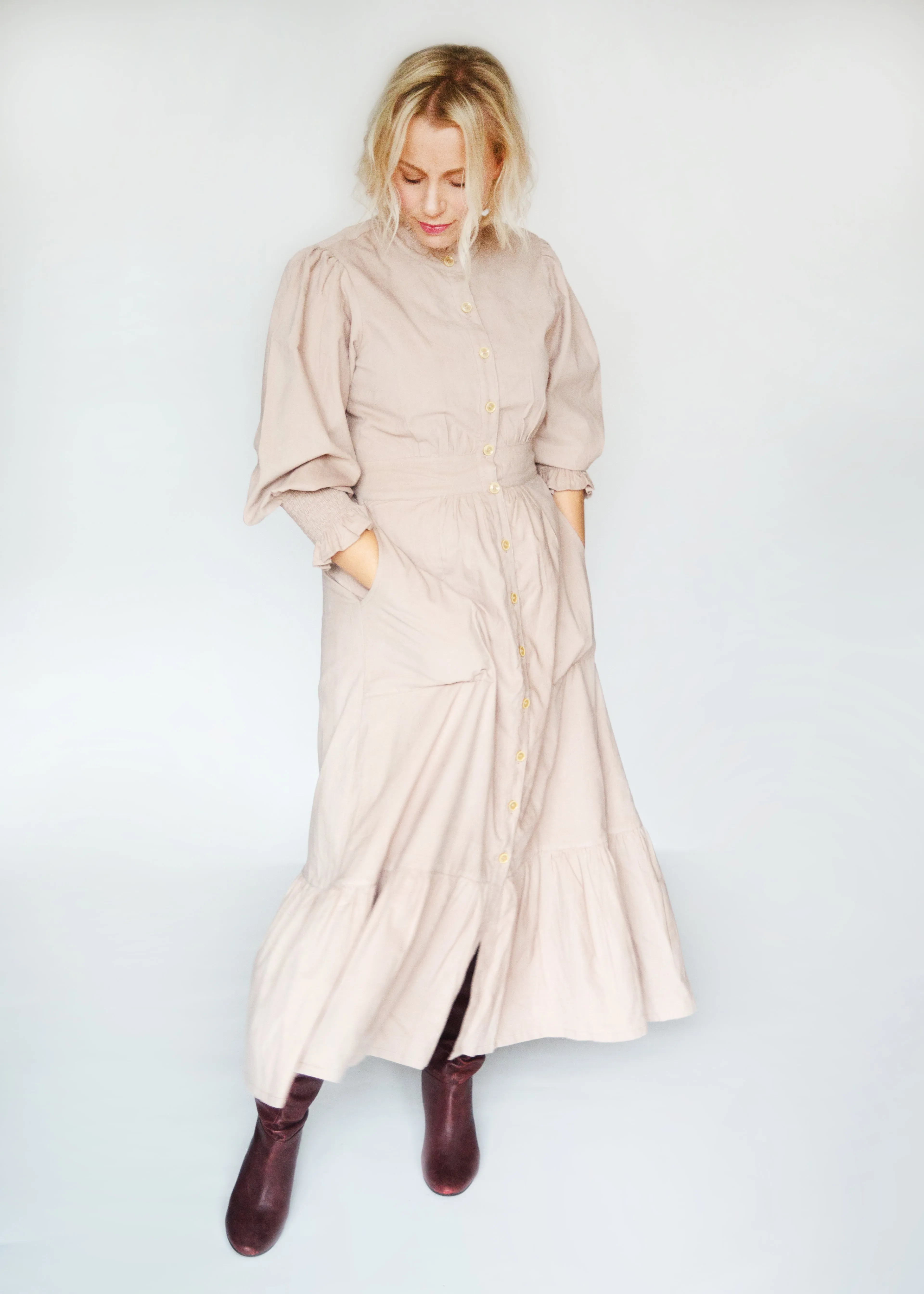 SALE The Sylvie, Pale Dusky Pink Corduroy Dress with Block Print Lining