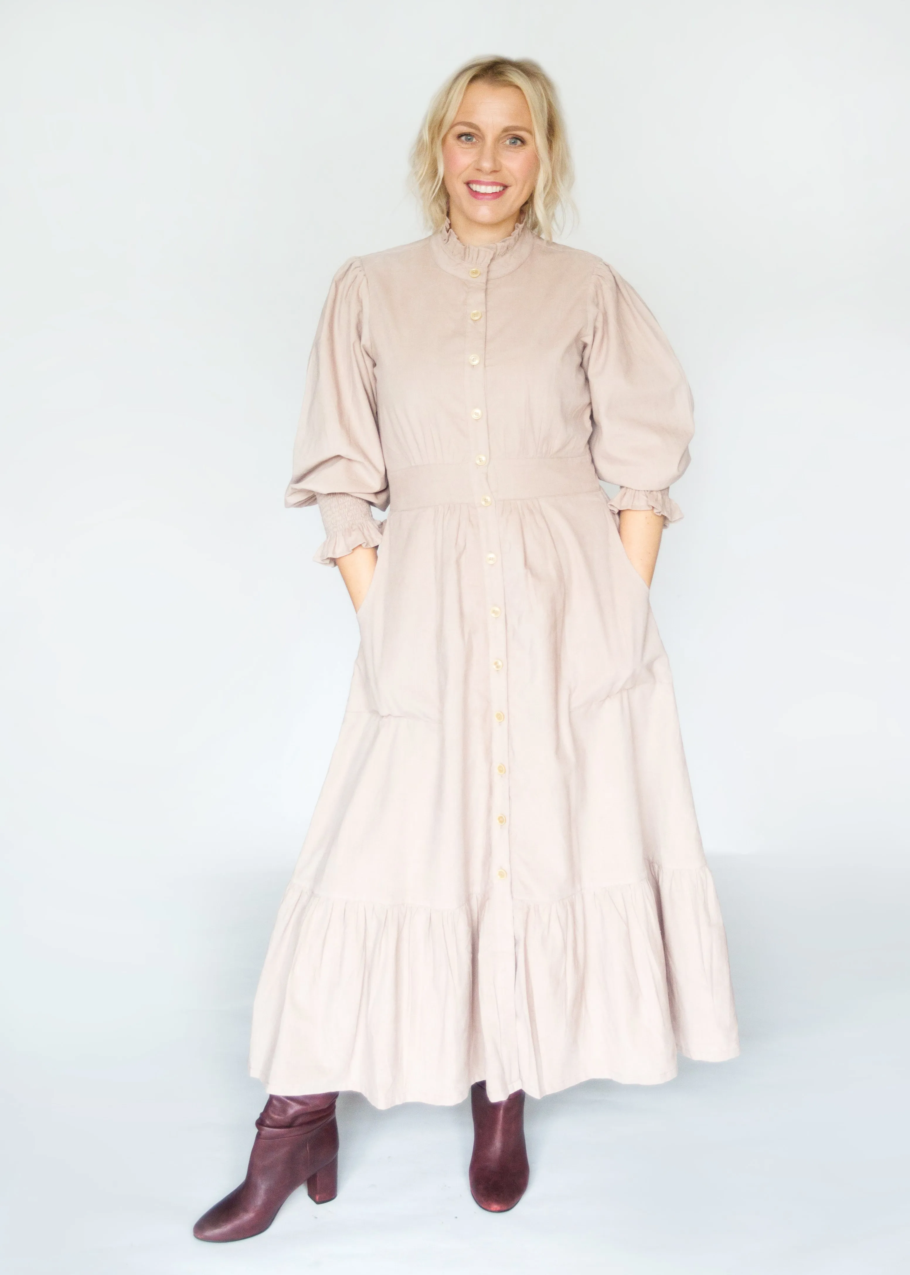 SALE The Sylvie, Pale Dusky Pink Corduroy Dress with Block Print Lining