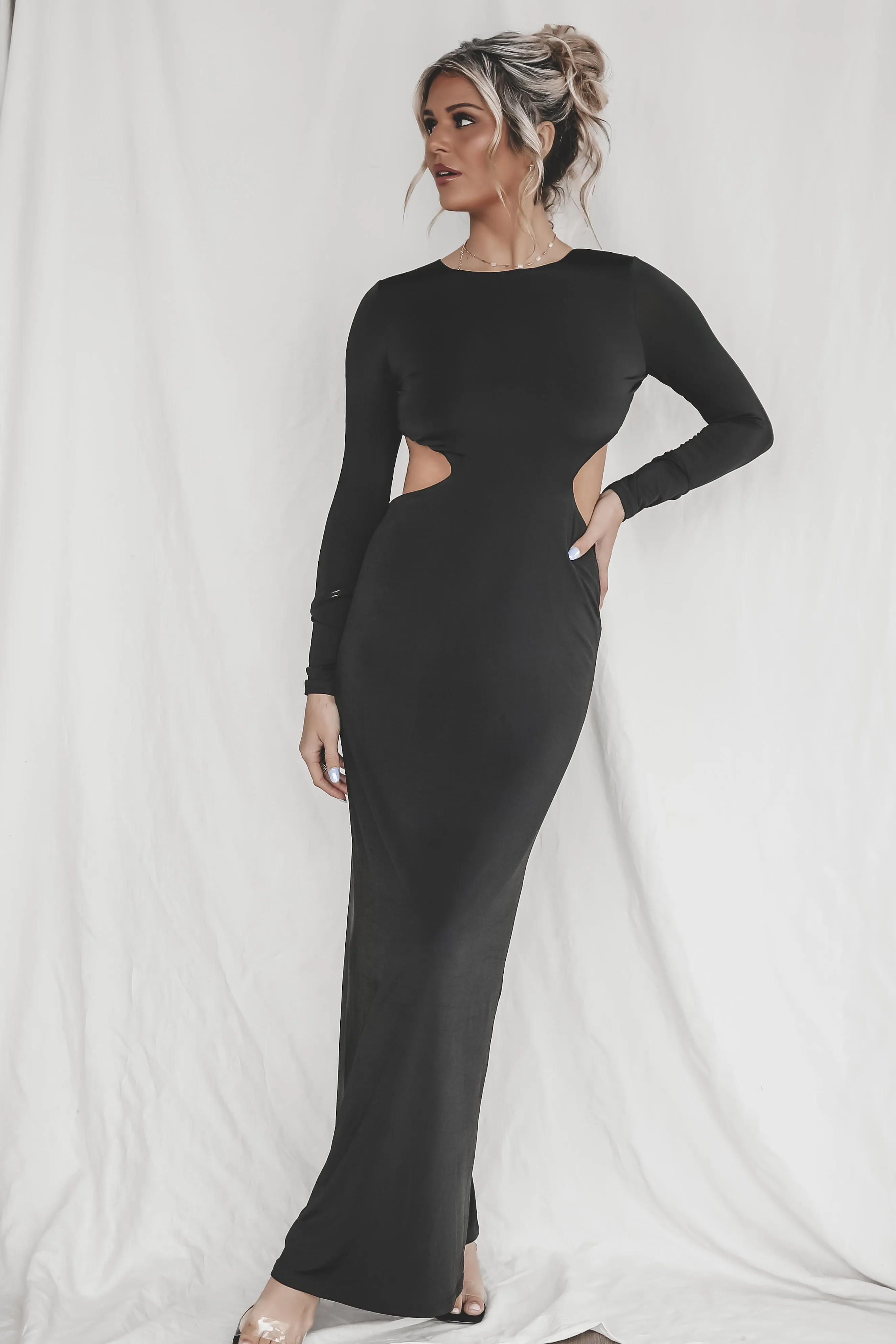 Spicy In The Back Long Sleeve Black Maxi Dress