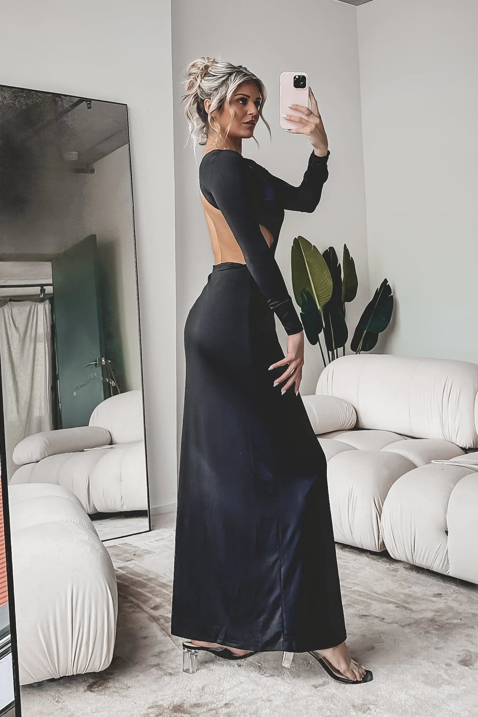 Spicy In The Back Long Sleeve Black Maxi Dress