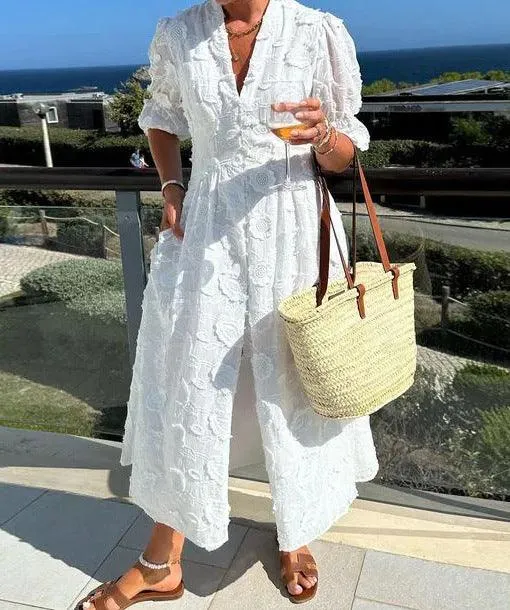 Summer New V-neck Puff Sleeve Dress Women