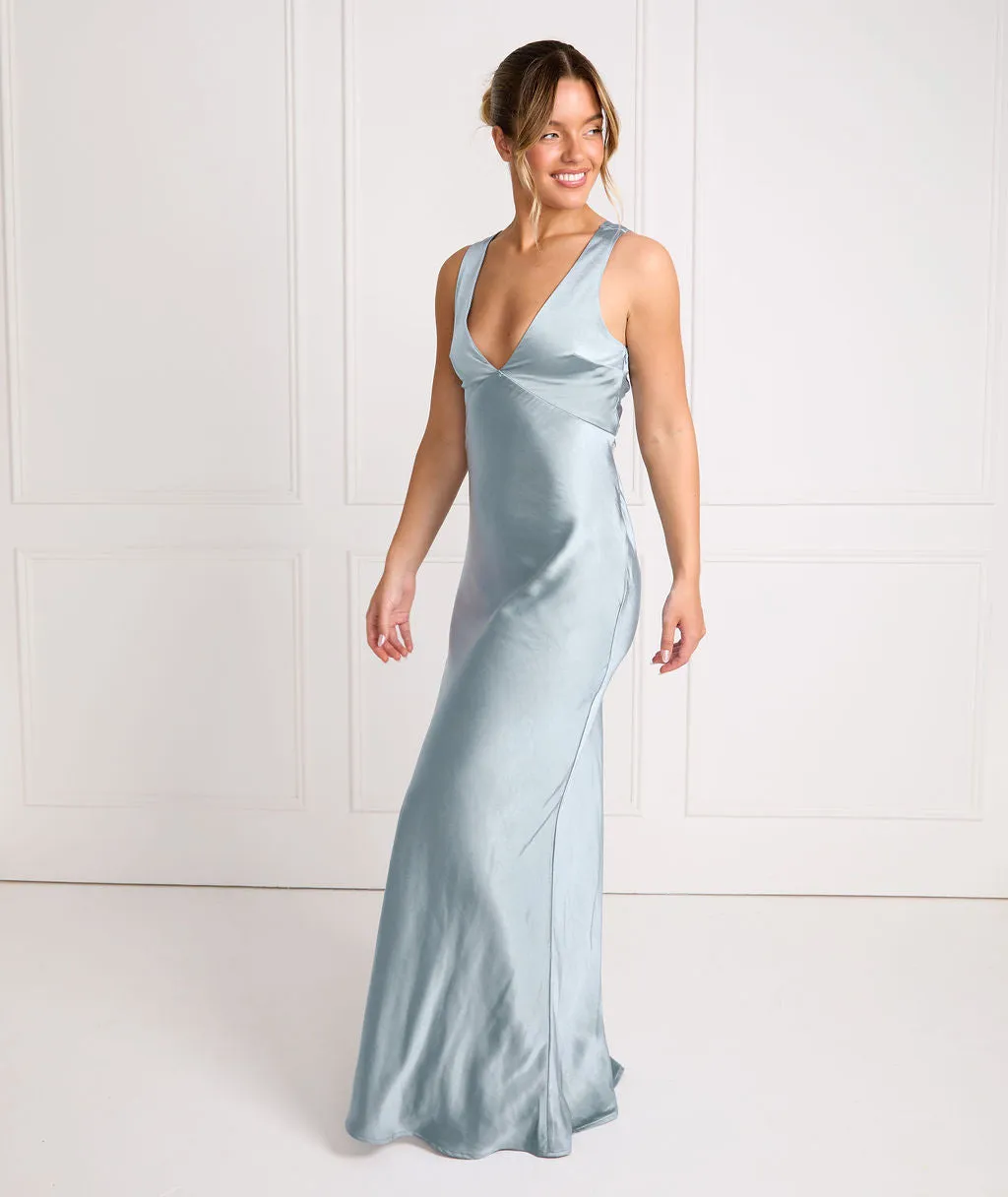 Twist Back Satin Bridesmaid Dress - Dusty Blue