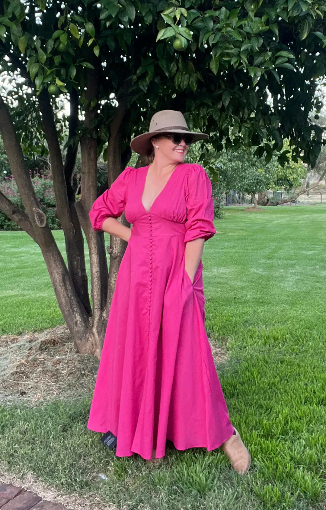 V-Neck Button Front Maxi Dress - Fuchsia