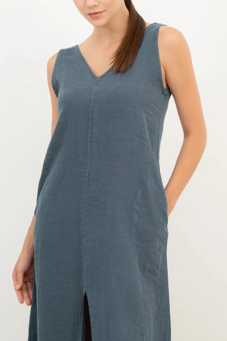 V-Neck Slit Raw Linen Dress