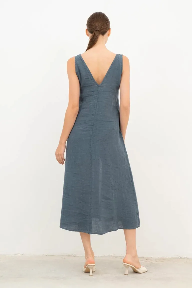 V-Neck Slit Raw Linen Dress