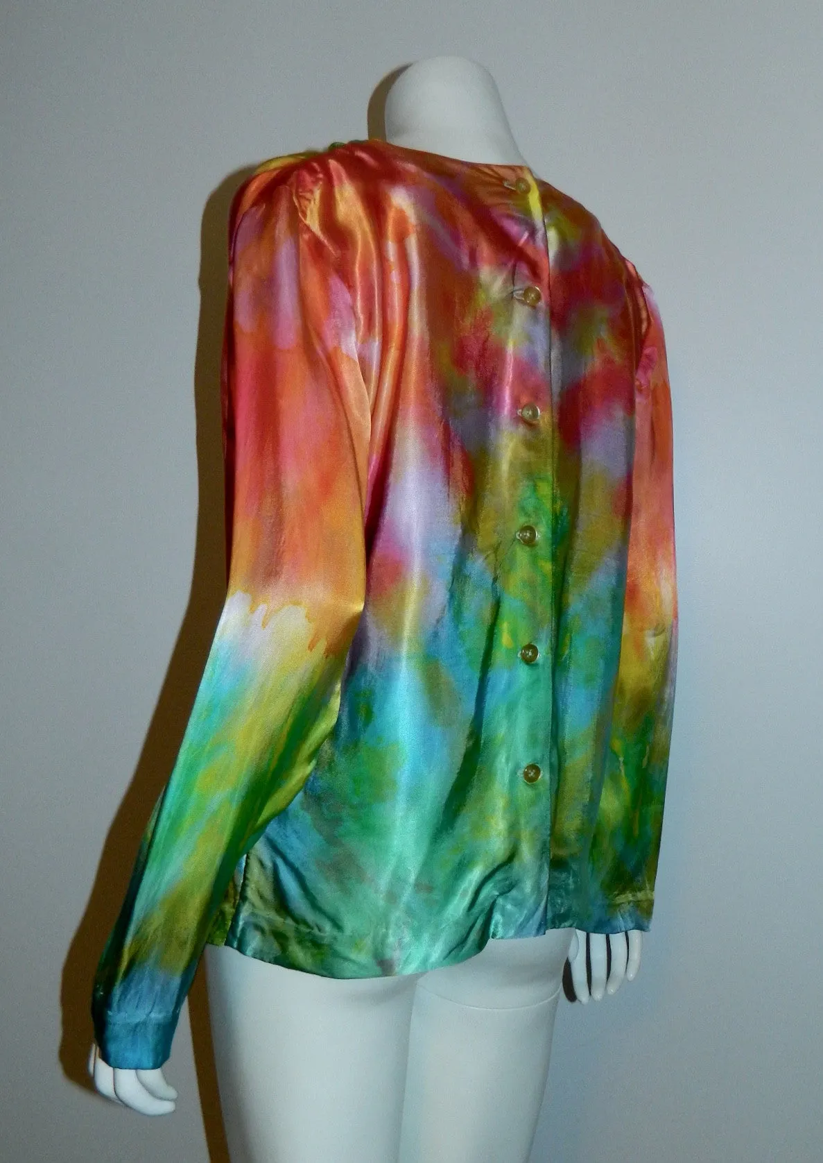 vintage 1970s satin rainbow blouse / hand dyed rayon / button back OOAK