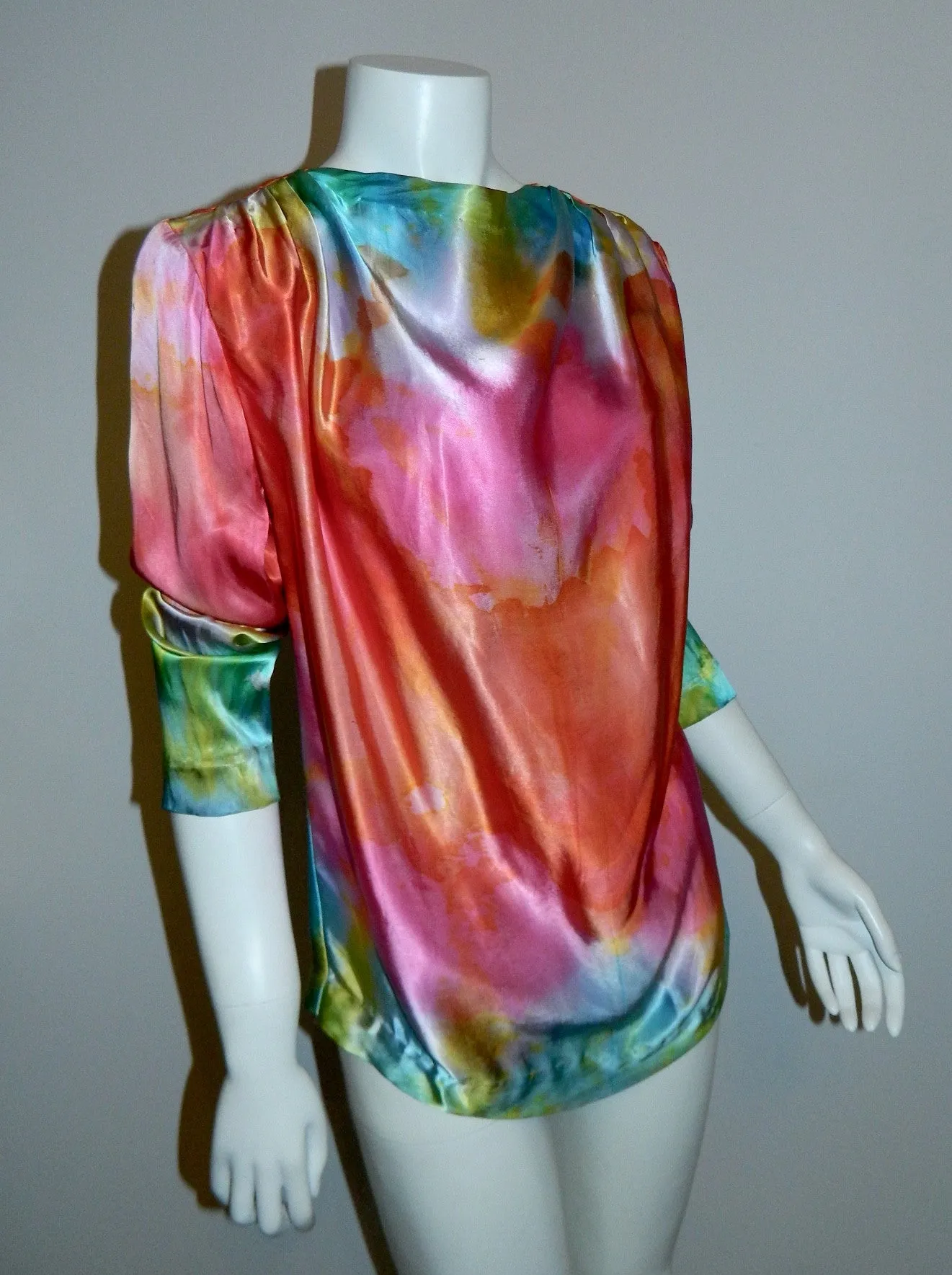 vintage 1970s satin rainbow blouse / hand dyed rayon / button back OOAK