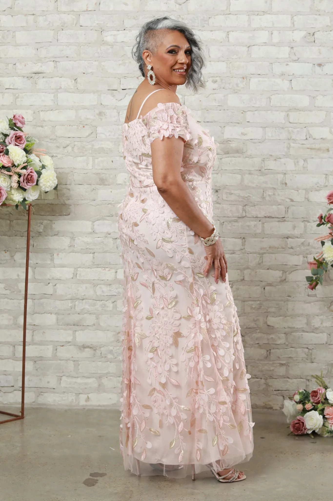 Women's 3D Floral Embroidered Off-The-Shoulder Floral Mother of the Bride Gown