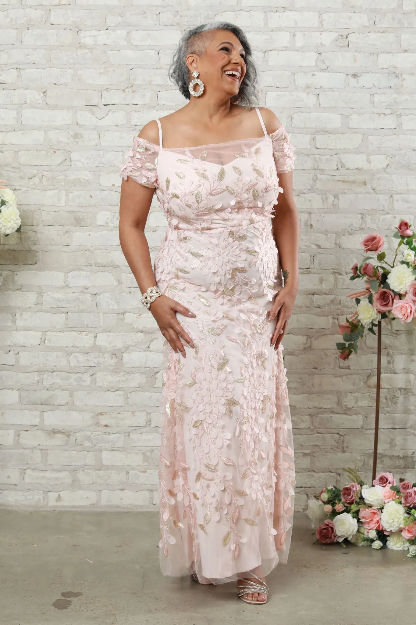 Women's 3D Floral Embroidered Off-The-Shoulder Floral Mother of the Bride Gown