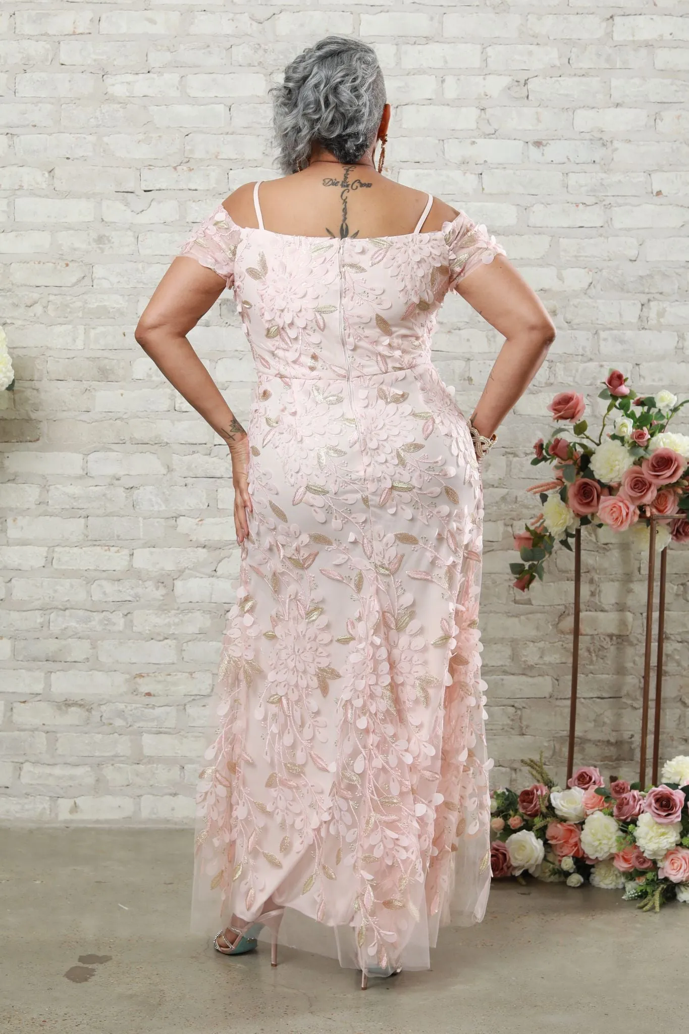 Women's 3D Floral Embroidered Off-The-Shoulder Floral Mother of the Bride Gown