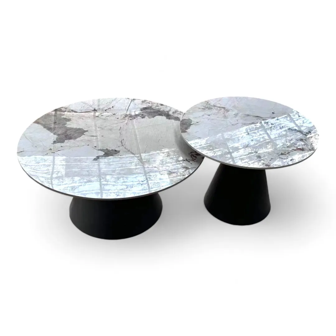 Wooden Twist Peculiar Stylish Round Marble Top Metalic Coffee Table For Living Room ( Set of 2 )