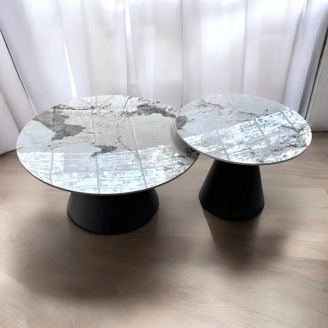 Wooden Twist Peculiar Stylish Round Marble Top Metalic Coffee Table For Living Room ( Set of 2 )