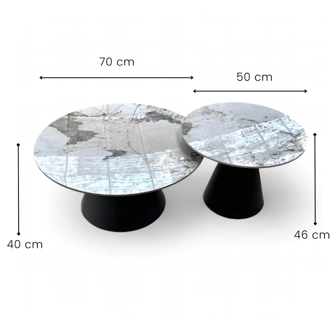 Wooden Twist Peculiar Stylish Round Marble Top Metalic Coffee Table For Living Room ( Set of 2 )